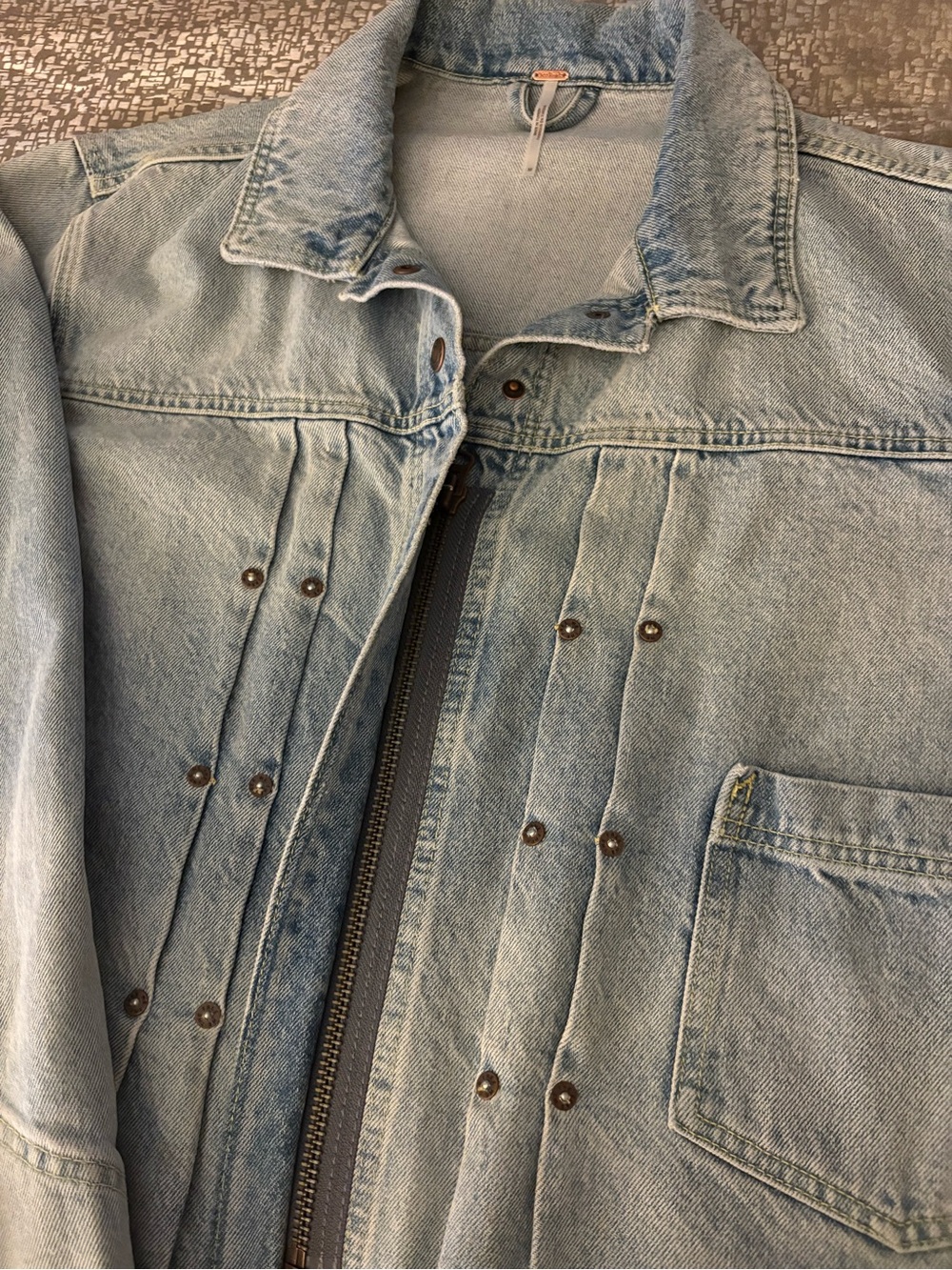 Free People-Light Wash Distressed Denim Jacket - Chic Cropped Style - Picture 8 of 16
